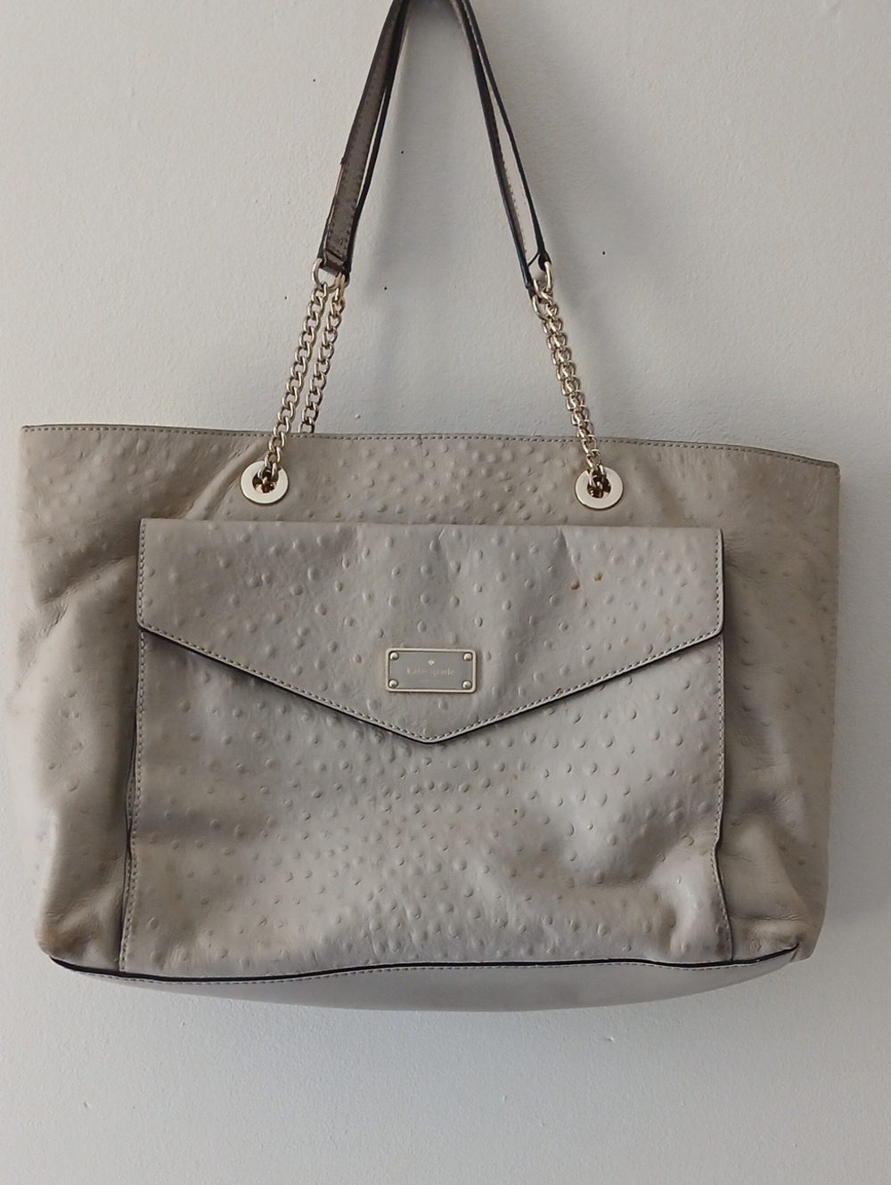 Neutral Taupe Faux-Ostrich Tote with Gold Chain Straps